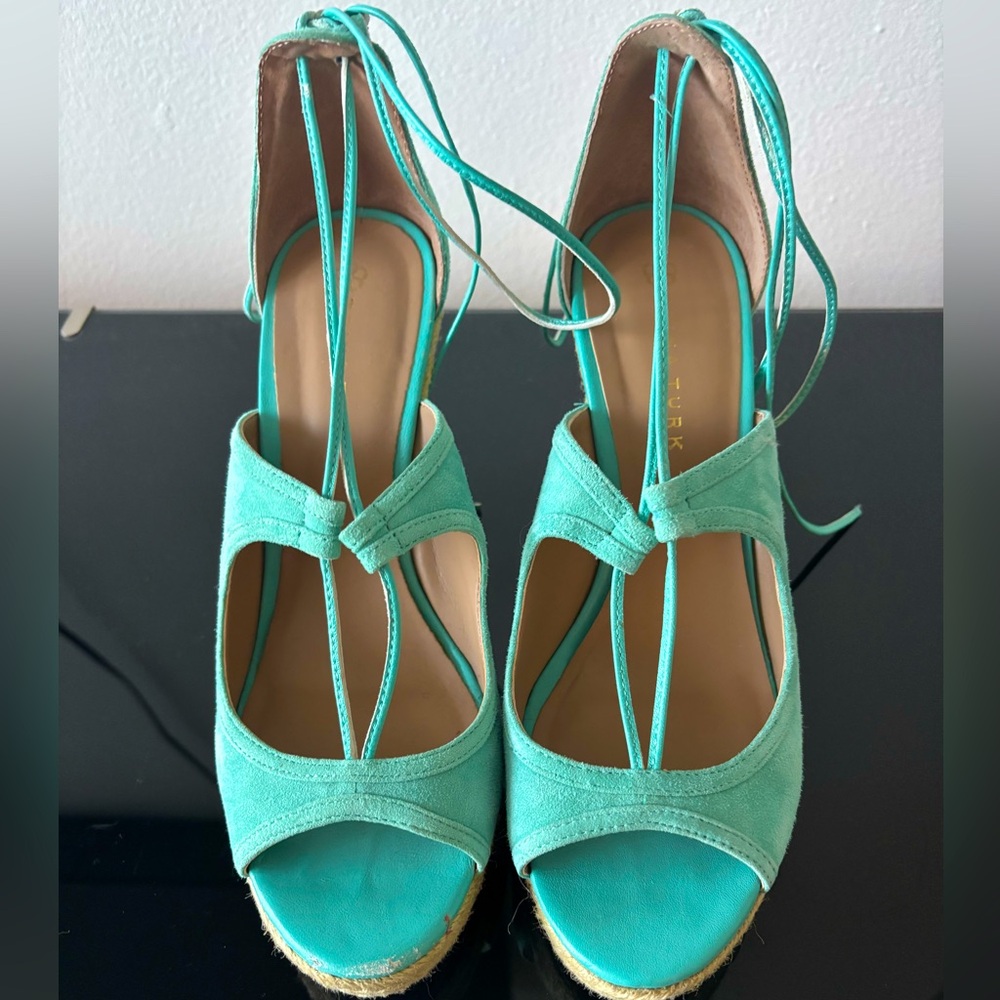 Trina Turk turquoise suede wedge sandals. Size 7.5. 3 inch wedge.